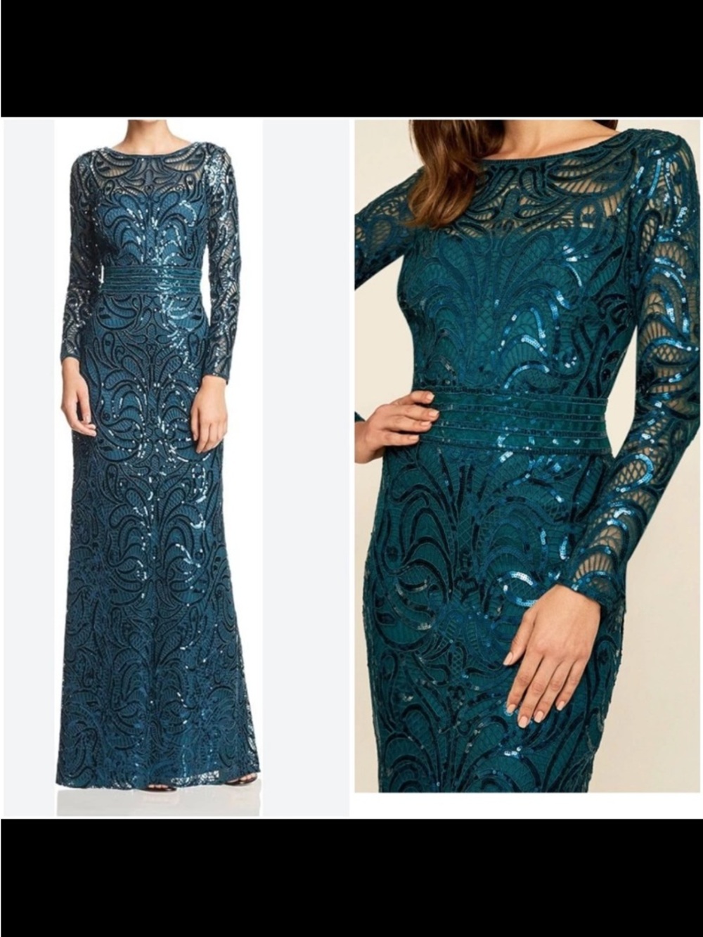 Tadashi Shoji Teal Long Sleeve Sequin Lace Gown - Picture 7 of 7